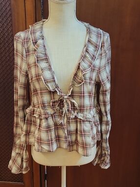 American Eagle Outfitters | Plaid Ruffle Tie-Front Top in Cream Brown Red Size L
